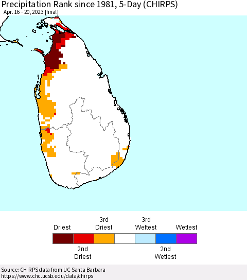 Sri Lanka Precipitation Rank since 1981, 5-Day (CHIRPS) Thematic Map For 4/16/2023 - 4/20/2023