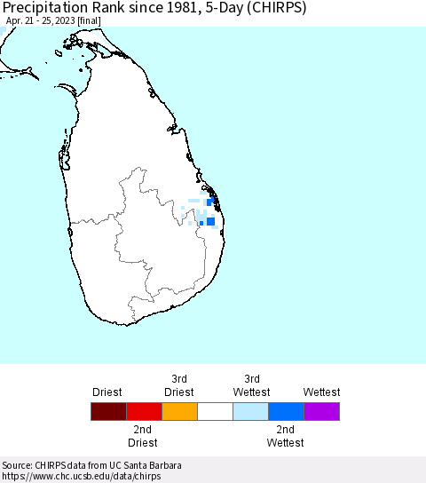 Sri Lanka Precipitation Rank since 1981, 5-Day (CHIRPS) Thematic Map For 4/21/2023 - 4/25/2023