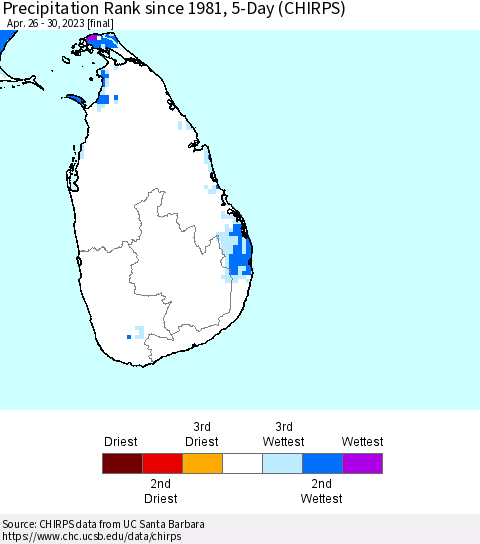 Sri Lanka Precipitation Rank since 1981, 5-Day (CHIRPS) Thematic Map For 4/26/2023 - 4/30/2023