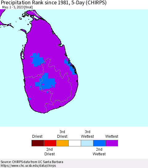 Sri Lanka Precipitation Rank since 1981, 5-Day (CHIRPS) Thematic Map For 5/1/2023 - 5/5/2023