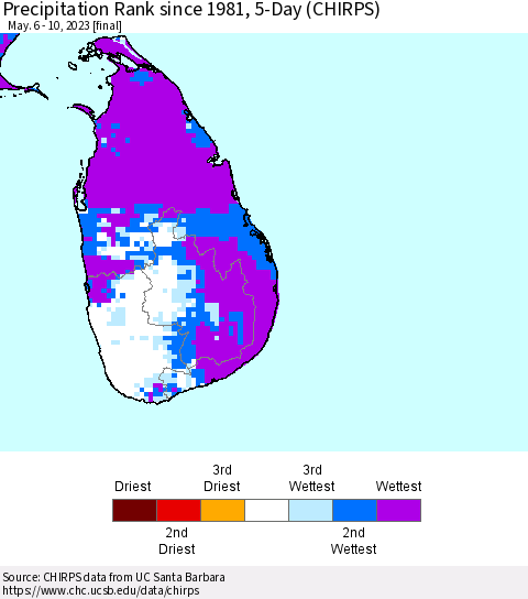 Sri Lanka Precipitation Rank since 1981, 5-Day (CHIRPS) Thematic Map For 5/6/2023 - 5/10/2023