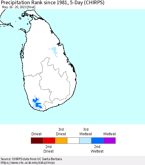 Sri Lanka Precipitation Rank since 1981, 5-Day (CHIRPS) Thematic Map For 5/16/2023 - 5/20/2023