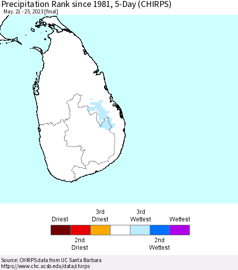 Sri Lanka Precipitation Rank since 1981, 5-Day (CHIRPS) Thematic Map For 5/21/2023 - 5/25/2023