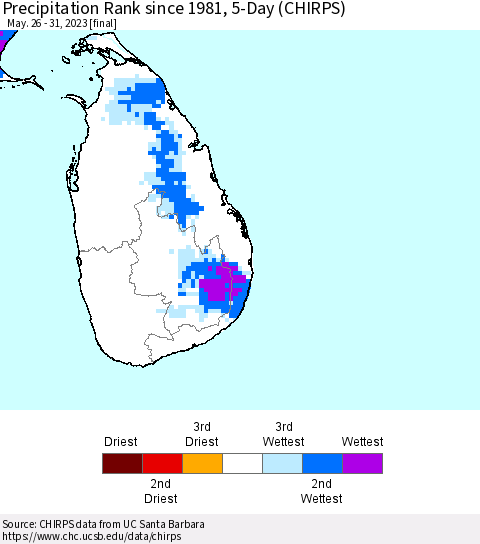 Sri Lanka Precipitation Rank since 1981, 5-Day (CHIRPS) Thematic Map For 5/26/2023 - 5/31/2023