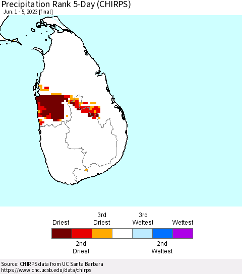 Sri Lanka Precipitation Rank since 1981, 5-Day (CHIRPS) Thematic Map For 6/1/2023 - 6/5/2023