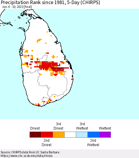 Sri Lanka Precipitation Rank since 1981, 5-Day (CHIRPS) Thematic Map For 6/6/2023 - 6/10/2023