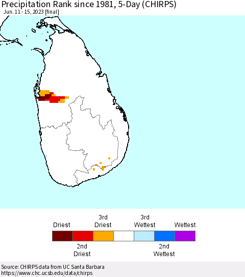 Sri Lanka Precipitation Rank since 1981, 5-Day (CHIRPS) Thematic Map For 6/11/2023 - 6/15/2023
