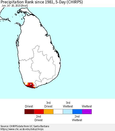Sri Lanka Precipitation Rank since 1981, 5-Day (CHIRPS) Thematic Map For 6/16/2023 - 6/20/2023