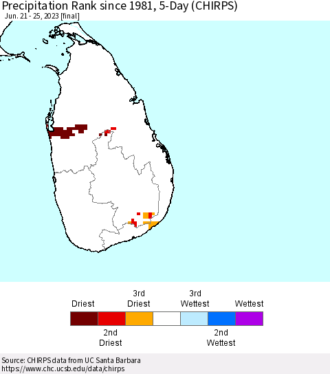Sri Lanka Precipitation Rank since 1981, 5-Day (CHIRPS) Thematic Map For 6/21/2023 - 6/25/2023