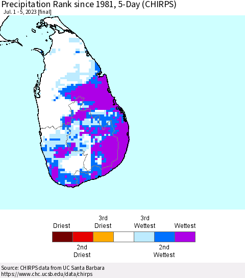 Sri Lanka Precipitation Rank since 1981, 5-Day (CHIRPS) Thematic Map For 7/1/2023 - 7/5/2023