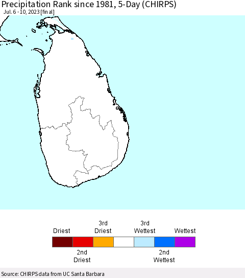 Sri Lanka Precipitation Rank since 1981, 5-Day (CHIRPS) Thematic Map For 7/6/2023 - 7/10/2023