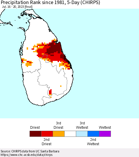 Sri Lanka Precipitation Rank since 1981, 5-Day (CHIRPS) Thematic Map For 7/16/2023 - 7/20/2023