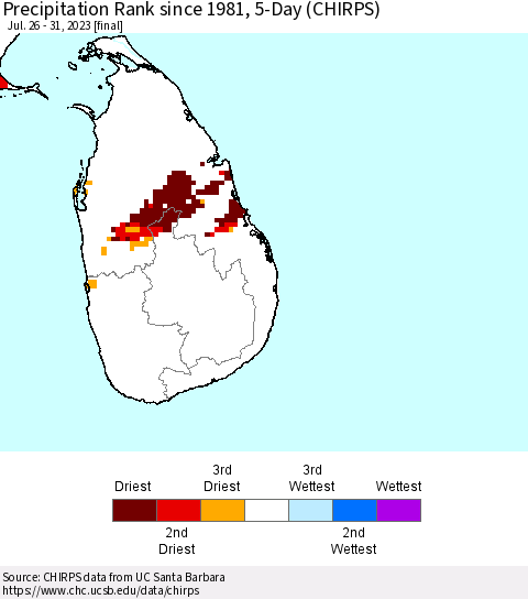 Sri Lanka Precipitation Rank since 1981, 5-Day (CHIRPS) Thematic Map For 7/26/2023 - 7/31/2023