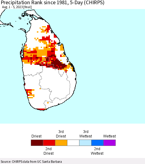 Sri Lanka Precipitation Rank since 1981, 5-Day (CHIRPS) Thematic Map For 8/1/2023 - 8/5/2023