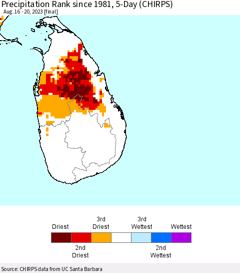 Sri Lanka Precipitation Rank since 1981, 5-Day (CHIRPS) Thematic Map For 8/16/2023 - 8/20/2023