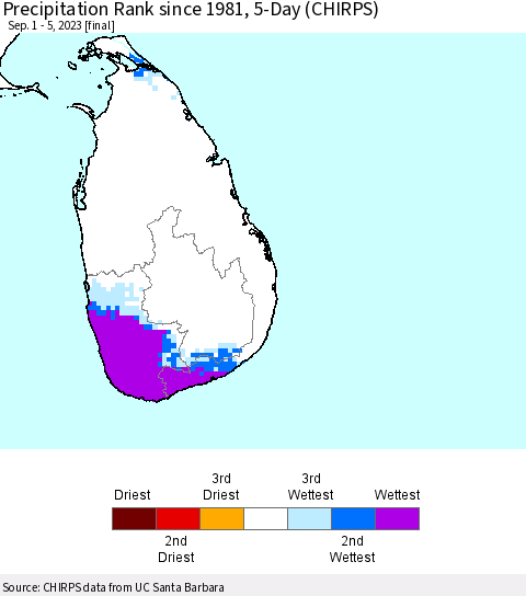 Sri Lanka Precipitation Rank since 1981, 5-Day (CHIRPS) Thematic Map For 9/1/2023 - 9/5/2023