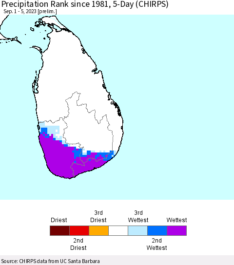Sri Lanka Precipitation Rank since 1981, 5-Day (CHIRPS) Thematic Map For 9/1/2023 - 9/5/2023