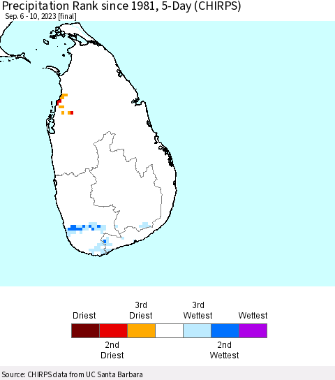Sri Lanka Precipitation Rank since 1981, 5-Day (CHIRPS) Thematic Map For 9/6/2023 - 9/10/2023
