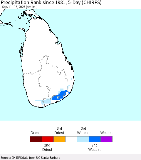 Sri Lanka Precipitation Rank since 1981, 5-Day (CHIRPS) Thematic Map For 9/11/2023 - 9/15/2023