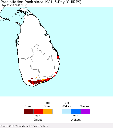 Sri Lanka Precipitation Rank since 1981, 5-Day (CHIRPS) Thematic Map For 9/21/2023 - 9/25/2023