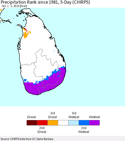 Sri Lanka Precipitation Rank since 1981, 5-Day (CHIRPS) Thematic Map For 10/1/2023 - 10/5/2023