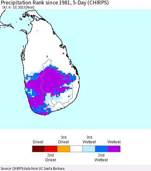 Sri Lanka Precipitation Rank since 1981, 5-Day (CHIRPS) Thematic Map For 10/6/2023 - 10/10/2023