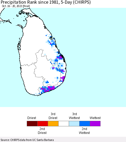 Sri Lanka Precipitation Rank since 1981, 5-Day (CHIRPS) Thematic Map For 10/16/2023 - 10/20/2023