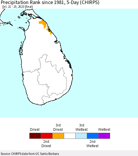 Sri Lanka Precipitation Rank since 1981, 5-Day (CHIRPS) Thematic Map For 10/21/2023 - 10/25/2023