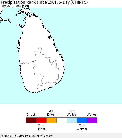 Sri Lanka Precipitation Rank since 1981, 5-Day (CHIRPS) Thematic Map For 10/26/2023 - 10/31/2023