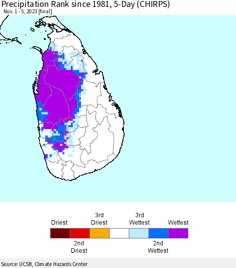 Sri Lanka Precipitation Rank since 1981, 5-Day (CHIRPS) Thematic Map For 11/1/2023 - 11/5/2023