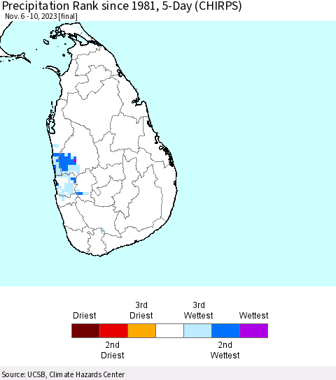 Sri Lanka Precipitation Rank since 1981, 5-Day (CHIRPS) Thematic Map For 11/6/2023 - 11/10/2023
