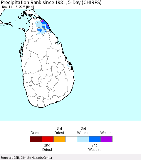 Sri Lanka Precipitation Rank since 1981, 5-Day (CHIRPS) Thematic Map For 11/11/2023 - 11/15/2023