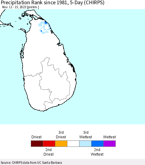 Sri Lanka Precipitation Rank since 1981, 5-Day (CHIRPS) Thematic Map For 11/11/2023 - 11/15/2023