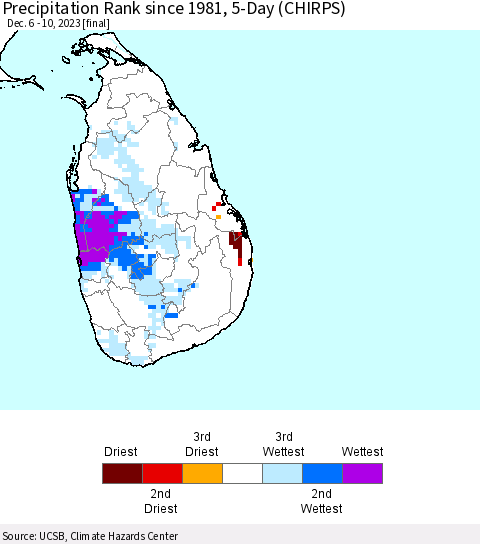 Sri Lanka Precipitation Rank since 1981, 5-Day (CHIRPS) Thematic Map For 12/6/2023 - 12/10/2023