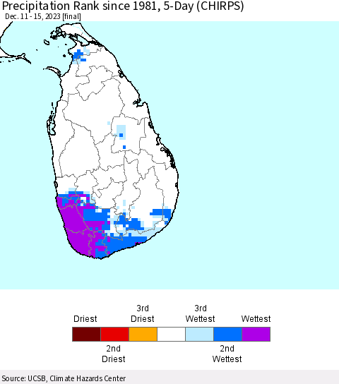 Sri Lanka Precipitation Rank since 1981, 5-Day (CHIRPS) Thematic Map For 12/11/2023 - 12/15/2023