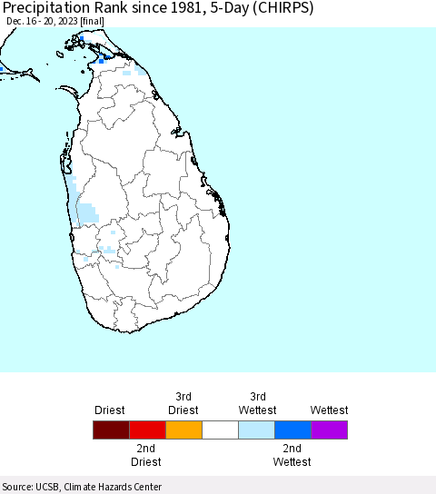 Sri Lanka Precipitation Rank since 1981, 5-Day (CHIRPS) Thematic Map For 12/16/2023 - 12/20/2023