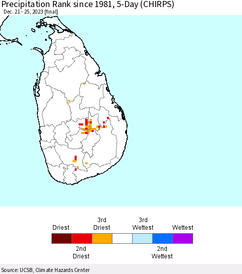 Sri Lanka Precipitation Rank since 1981, 5-Day (CHIRPS) Thematic Map For 12/21/2023 - 12/25/2023