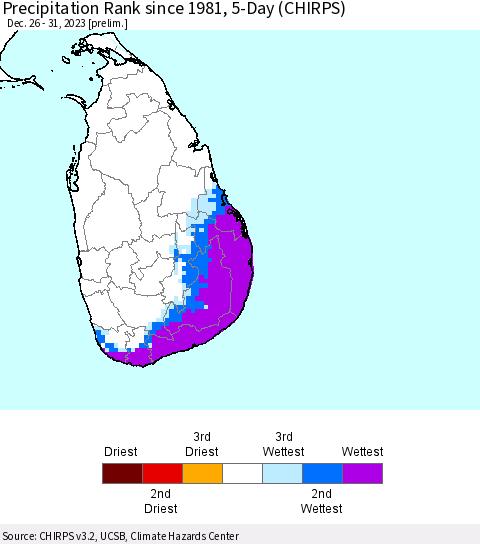 Sri Lanka Precipitation Rank since 1981, 5-Day (CHIRPS) Thematic Map For 12/26/2023 - 12/31/2023