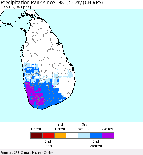 Sri Lanka Precipitation Rank since 1981, 5-Day (CHIRPS) Thematic Map For 1/1/2024 - 1/5/2024
