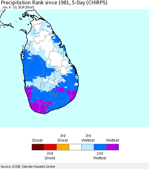 Sri Lanka Precipitation Rank since 1981, 5-Day (CHIRPS) Thematic Map For 1/6/2024 - 1/10/2024