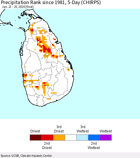 Sri Lanka Precipitation Rank since 1981, 5-Day (CHIRPS) Thematic Map For 1/21/2024 - 1/25/2024