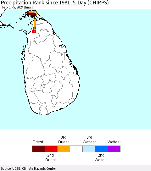 Sri Lanka Precipitation Rank since 1981, 5-Day (CHIRPS) Thematic Map For 2/1/2024 - 2/5/2024