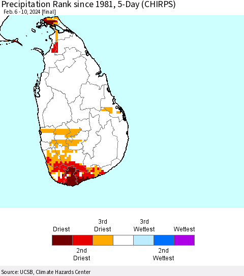 Sri Lanka Precipitation Rank since 1981, 5-Day (CHIRPS) Thematic Map For 2/6/2024 - 2/10/2024