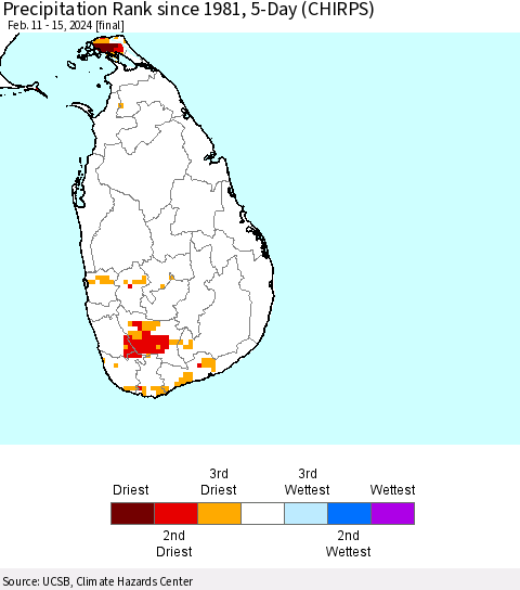 Sri Lanka Precipitation Rank since 1981, 5-Day (CHIRPS) Thematic Map For 2/11/2024 - 2/15/2024