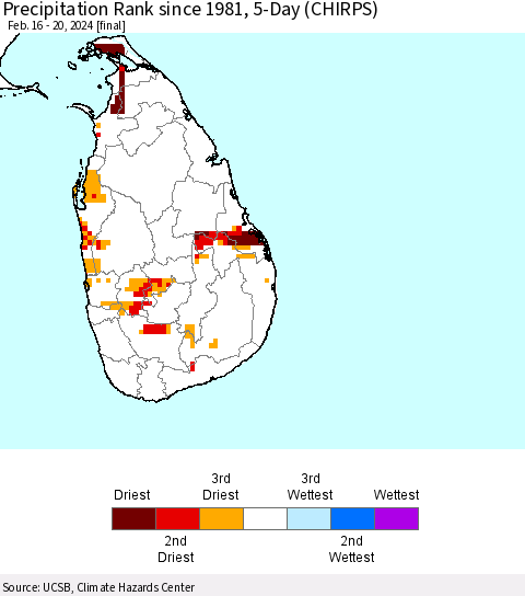 Sri Lanka Precipitation Rank since 1981, 5-Day (CHIRPS) Thematic Map For 2/16/2024 - 2/20/2024