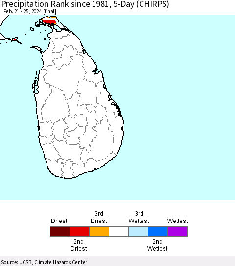 Sri Lanka Precipitation Rank since 1981, 5-Day (CHIRPS) Thematic Map For 2/21/2024 - 2/25/2024