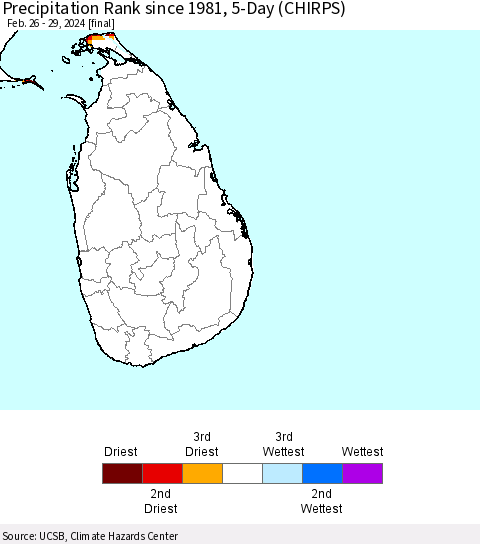 Sri Lanka Precipitation Rank since 1981, 5-Day (CHIRPS) Thematic Map For 2/26/2024 - 2/29/2024