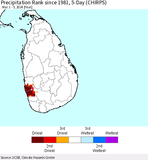 Sri Lanka Precipitation Rank since 1981, 5-Day (CHIRPS) Thematic Map For 3/1/2024 - 3/5/2024