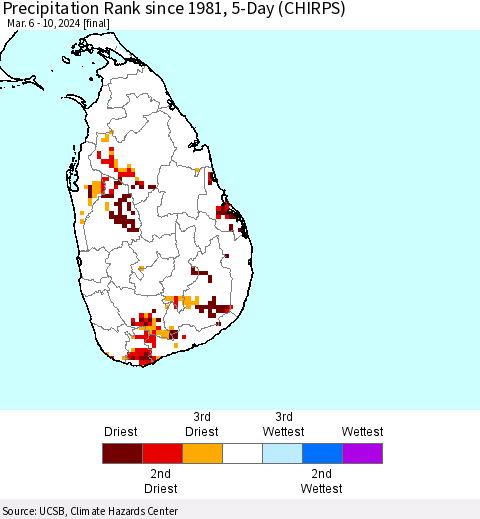 Sri Lanka Precipitation Rank since 1981, 5-Day (CHIRPS) Thematic Map For 3/6/2024 - 3/10/2024