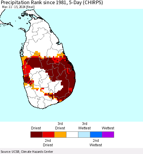 Sri Lanka Precipitation Rank since 1981, 5-Day (CHIRPS) Thematic Map For 3/11/2024 - 3/15/2024